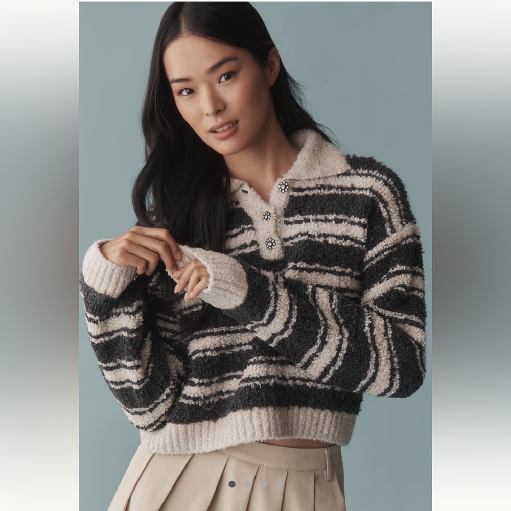 MAEVE ANTHROPOLOGIE Striped Polo Sweater in Black and White with Crystal Button